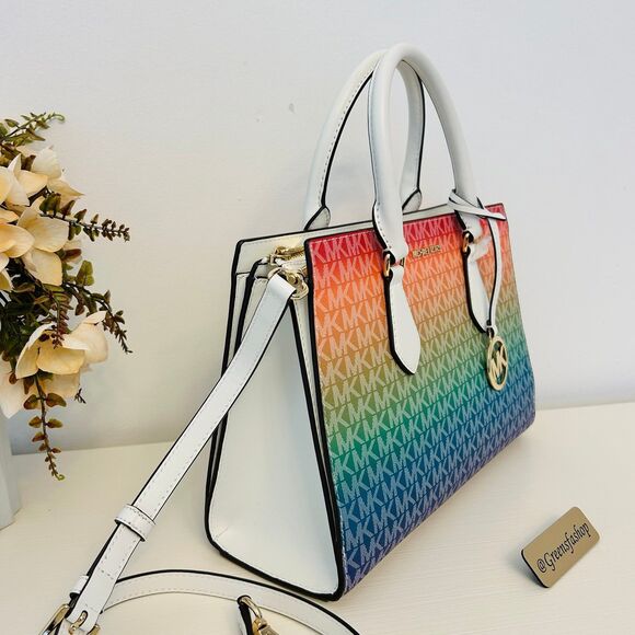 Michael Kors Purse Sheila Medium Ombré Signature Logo Satchel Rainbow - Picture 3 of 9